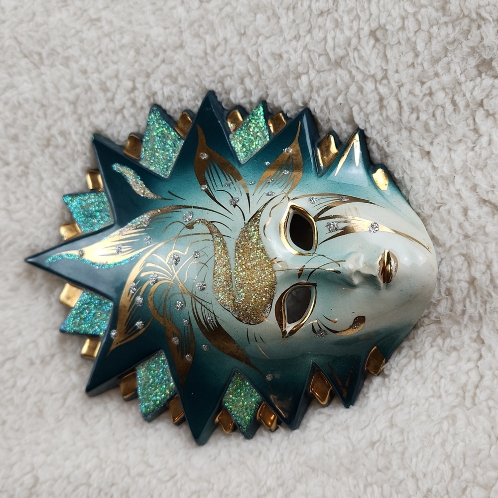 Ceramic decorative peacock theme mask so pretty. Blue and gold.